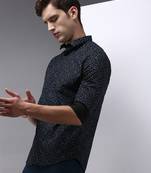 men's long sleeves floral navy blue shirt