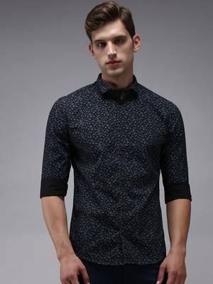 men's long sleeves floral navy blue shirt 2