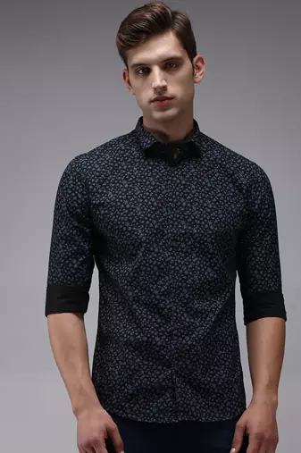 men's long sleeves floral navy blue shirt