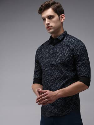 men's long sleeves floral navy blue shirt 3