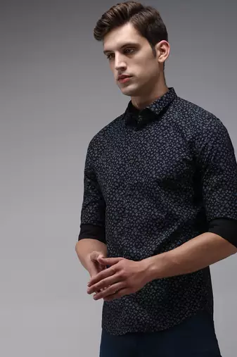 men's long sleeves floral navy blue shirt