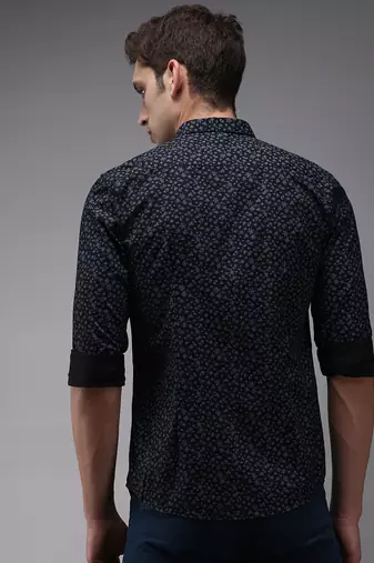 men's long sleeves floral navy blue shirt