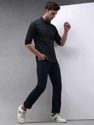 men's long sleeves floral navy blue shirt 5