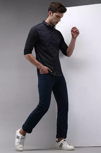 men's long sleeves floral navy blue shirt