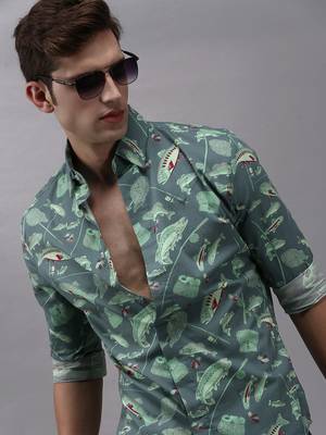 men's long sleeves conversational sea green shirt 1