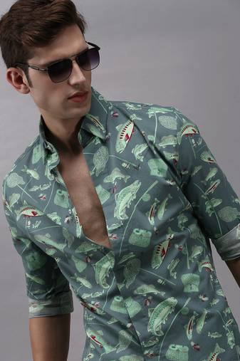 men's long sleeves conversational sea green shirt