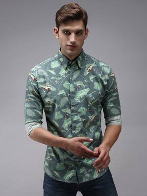 men's long sleeves conversational sea green shirt 2