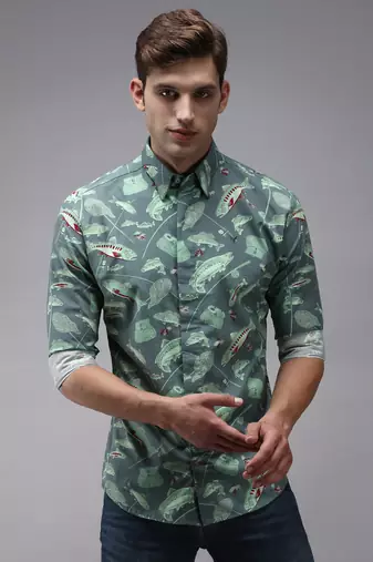 men's long sleeves conversational sea green shirt