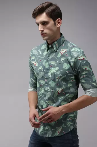 men's long sleeves conversational sea green shirt