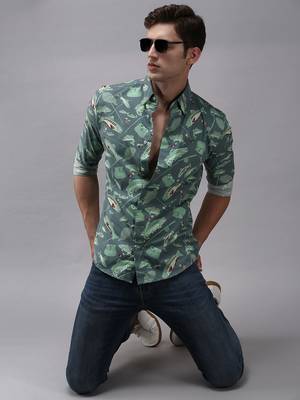 men's long sleeves conversational sea green shirt 5