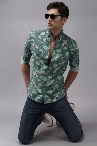 men's long sleeves conversational sea green shirt