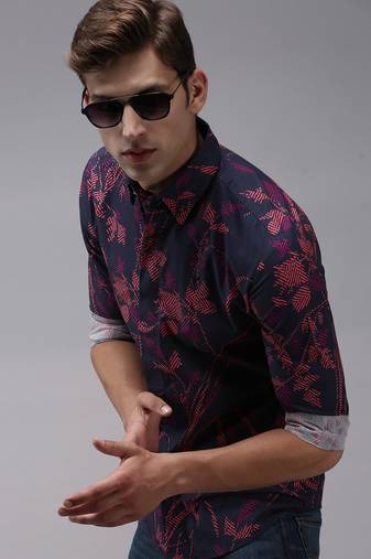 men's long sleeves abstract navy blue shirt