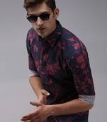 men's long sleeves abstract navy blue shirt