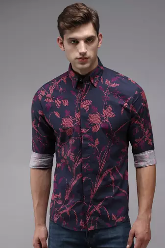 men's long sleeves abstract navy blue shirt