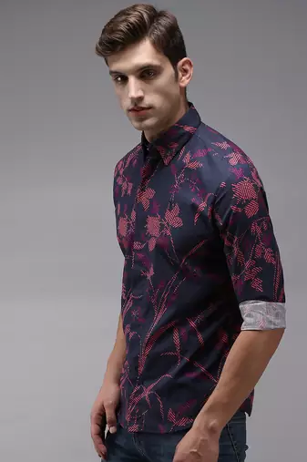 men's long sleeves abstract navy blue shirt