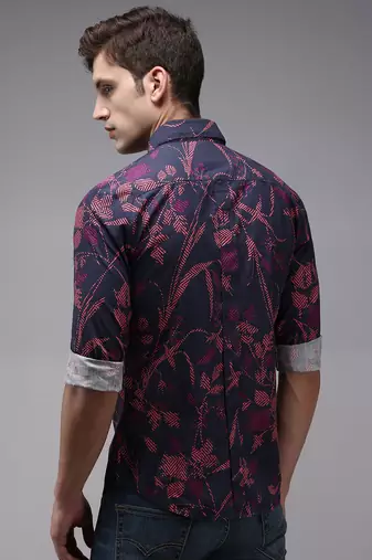 men's long sleeves abstract navy blue shirt