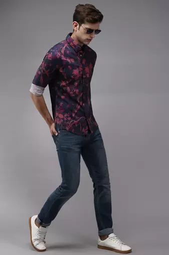 men's long sleeves abstract navy blue shirt