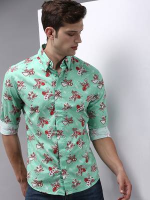 men's long sleeves floral green shirt 1