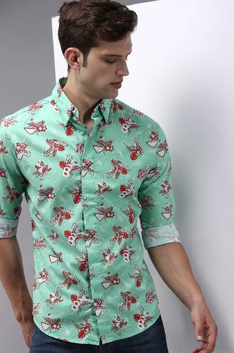 men's long sleeves floral green shirt