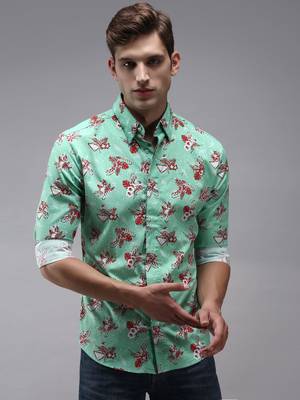 men's long sleeves floral green shirt 2
