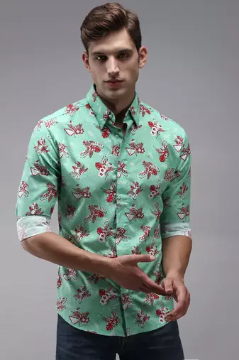 men's long sleeves floral green shirt