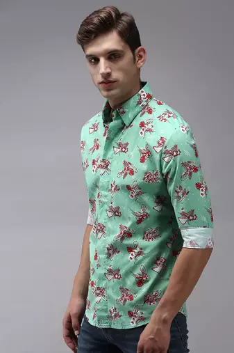 men's long sleeves floral green shirt