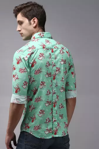 men's long sleeves floral green shirt