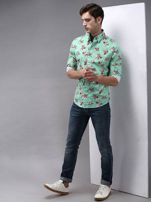 men's long sleeves floral green shirt 5
