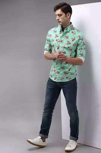 men's long sleeves floral green shirt