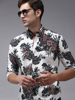 Showoff men's long sleeves floral white shirt 1
