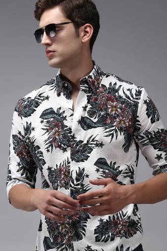 Showoff men's long sleeves floral white shirt