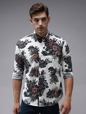 Showoff men's long sleeves floral white shirt 2