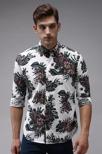 Showoff men's long sleeves floral white shirt