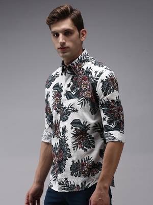 Showoff men's long sleeves floral white shirt 3