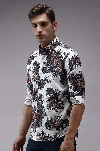 Showoff men's long sleeves floral white shirt