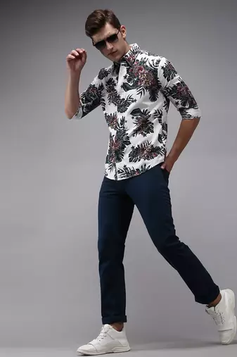 Showoff men's long sleeves floral white shirt