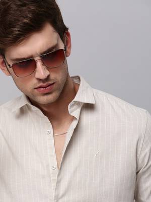 Showoff men's long sleeves vertical stripes beige shirt 1