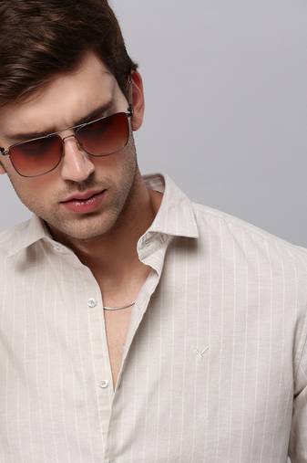 Showoff men's long sleeves vertical stripes beige shirt