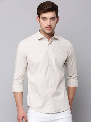 Showoff men's long sleeves vertical stripes beige shirt 2
