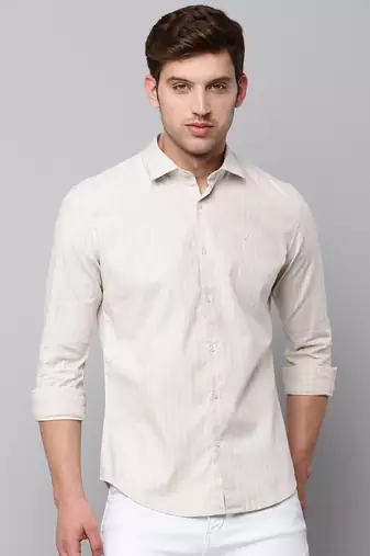 Showoff men's long sleeves vertical stripes beige shirt