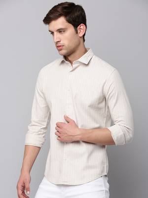 Showoff men's long sleeves vertical stripes beige shirt 3
