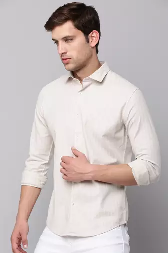 Showoff men's long sleeves vertical stripes beige shirt