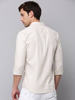 Showoff men's long sleeves vertical stripes beige shirt 4