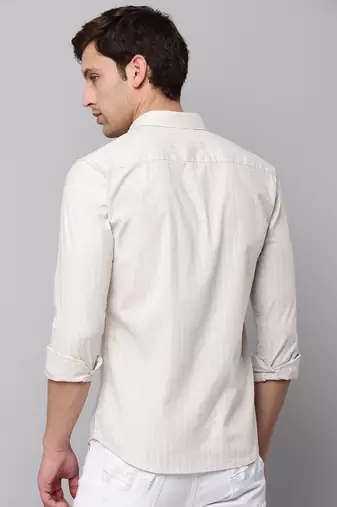 Showoff men's long sleeves vertical stripes beige shirt