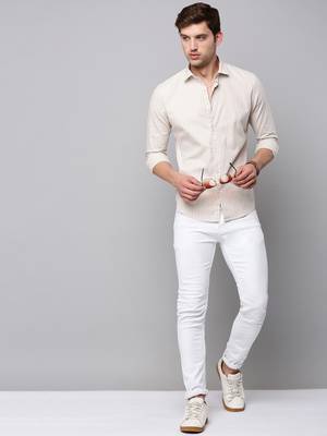 Showoff men's long sleeves vertical stripes beige shirt 5