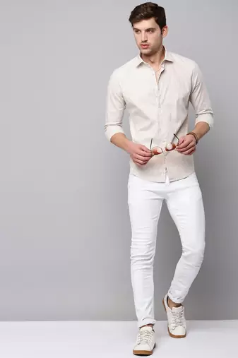 Showoff men's long sleeves vertical stripes beige shirt