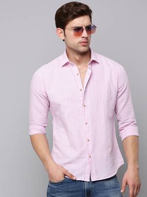 men's long sleeves vertical stripes pink shirt 1