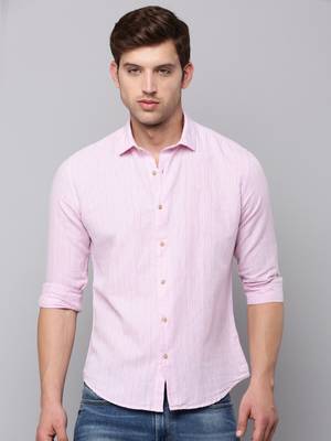 men's long sleeves vertical stripes pink shirt 2