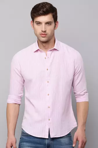 men's long sleeves vertical stripes pink shirt