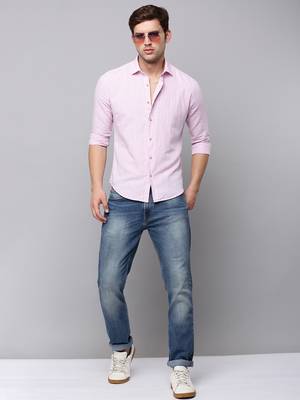 men's long sleeves vertical stripes pink shirt 5